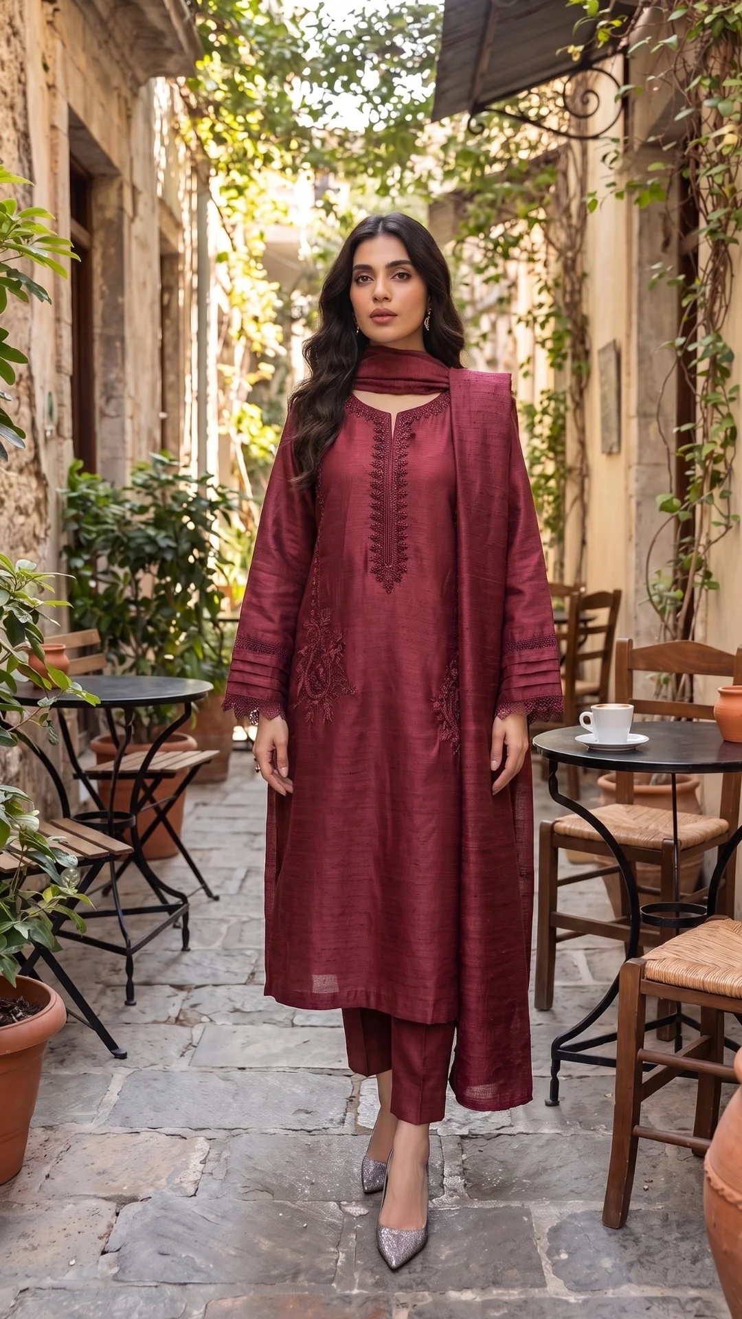 Maroon Color Raw silk design Pakistani wear