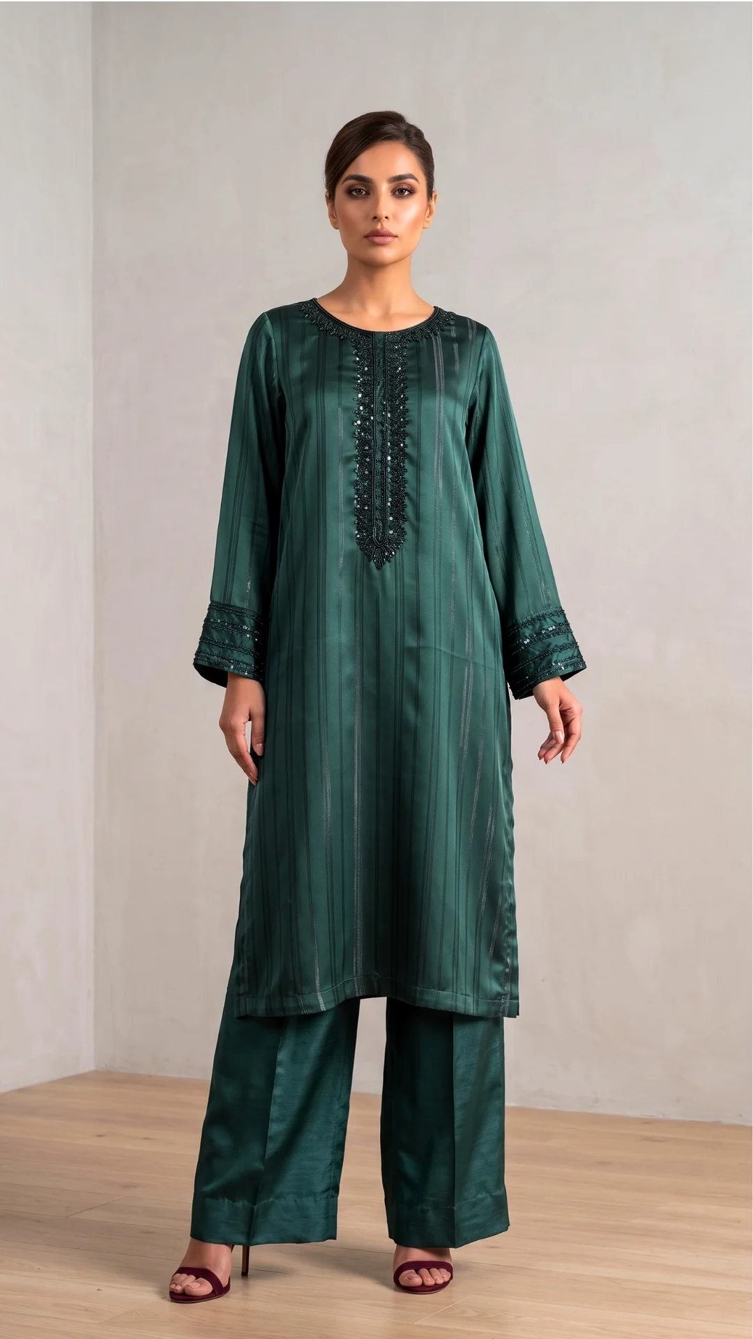 Green Raw Silk Fashion by Naureen Jamal
