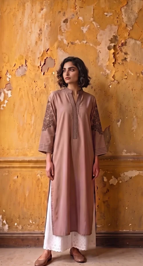 Brown Linen with Embroidery