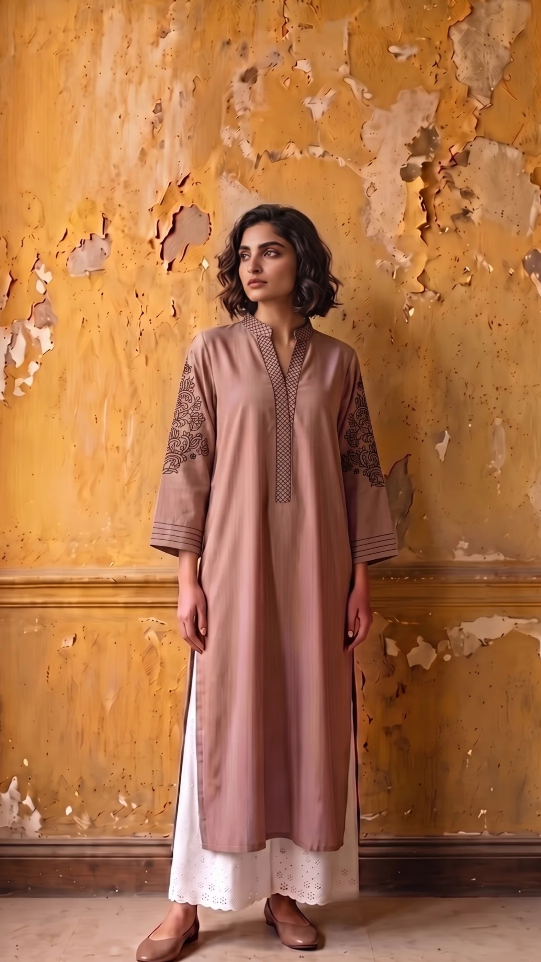 Brown Linen with Embroidery